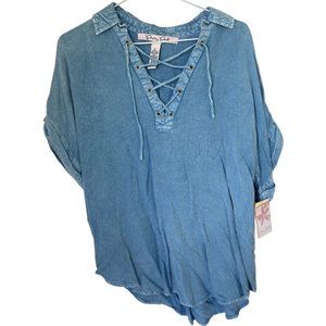 Pretty Pink Short-Sleeve Top, Ladies Size Small, NWT, Washed-out Blue Shirt With